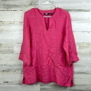 Lands’ End Women’s Petite S Pink 100% Linen Long Sleeve Tunic Blouse top shirt